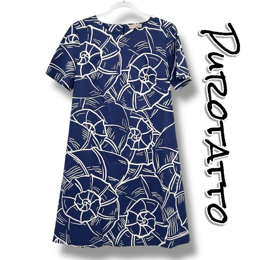 Purotatto Italy Blue Shell Print Shift Dress Short Sleeve EU 42 Coastal Luxury